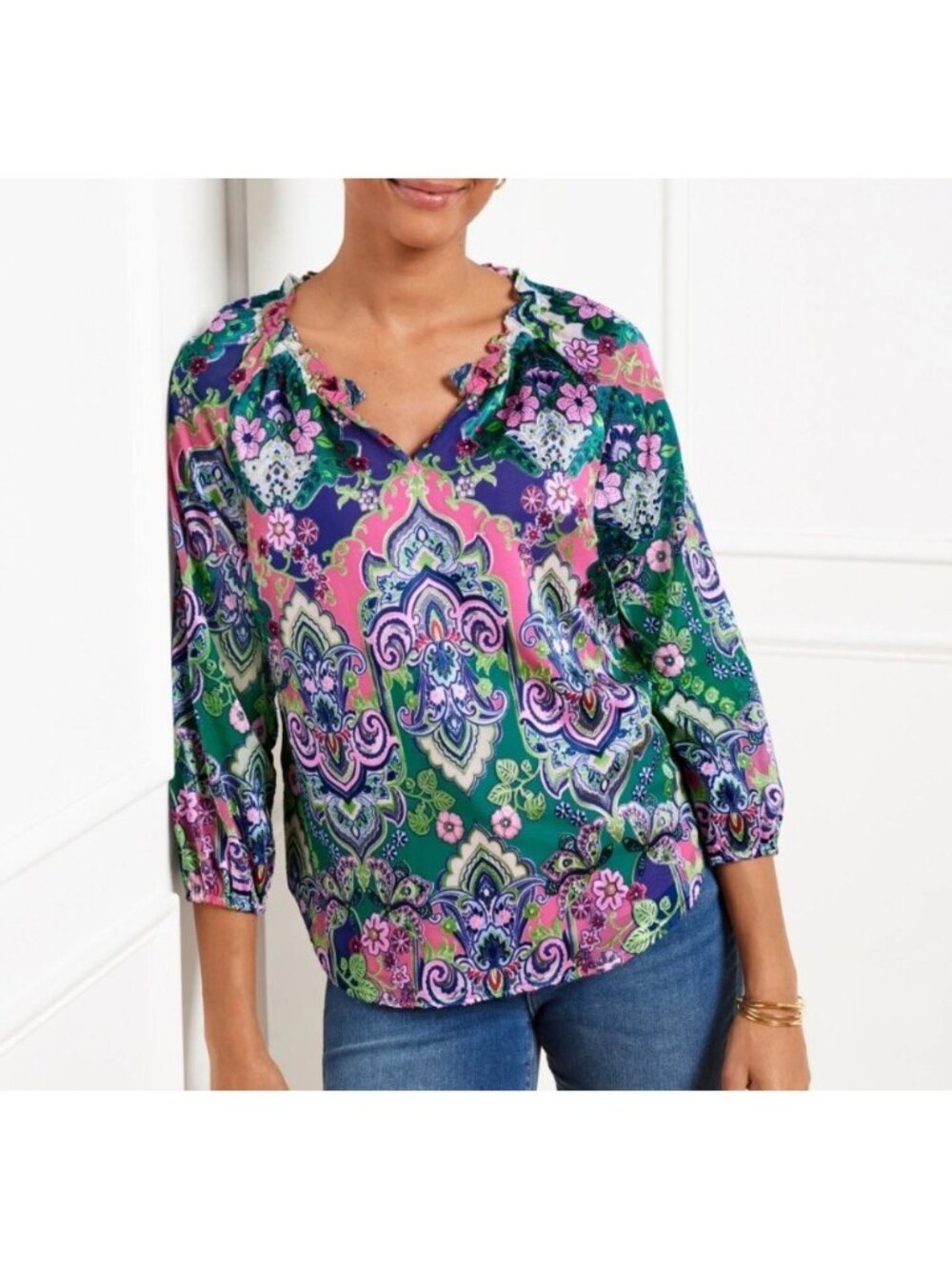 Talbots Satin Medallion Print Top XL Pink & Green 3/4 Sleeve Lightweight Blouse